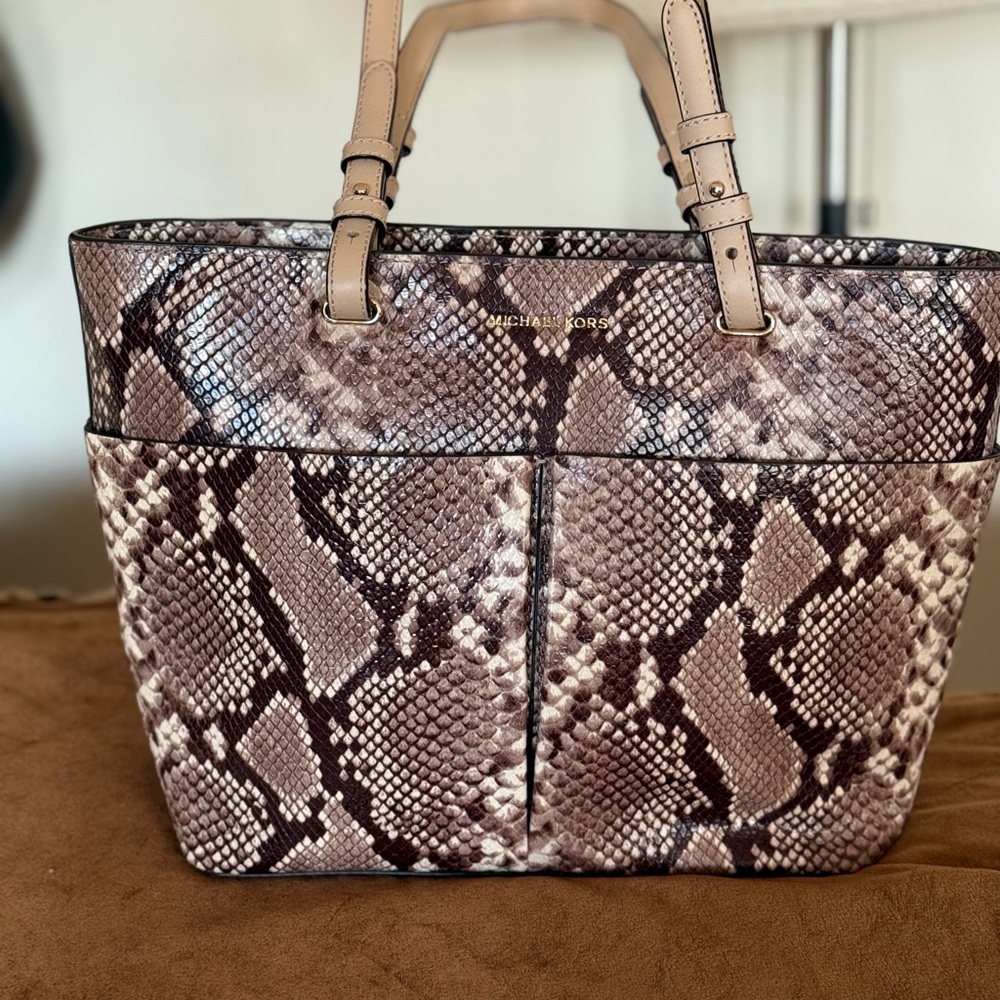 Michael Kors Snake Print Bedford Medium Leather Pocket Tote